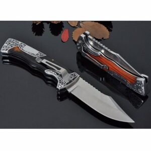 Columbia A3157 lock-back folding knife with black-brown stone inlay handle