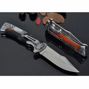Columbia A3157 lock-back folding knife with black-brown stone inlay handle