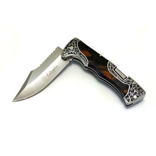 Columbia A3157 lock-back folding knife with black-brown stone inlay handle