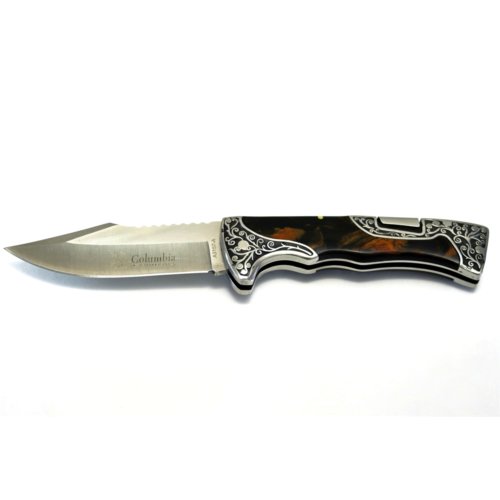 Columbia A3157 lock-back folding knife with black-brown stone inlay handle